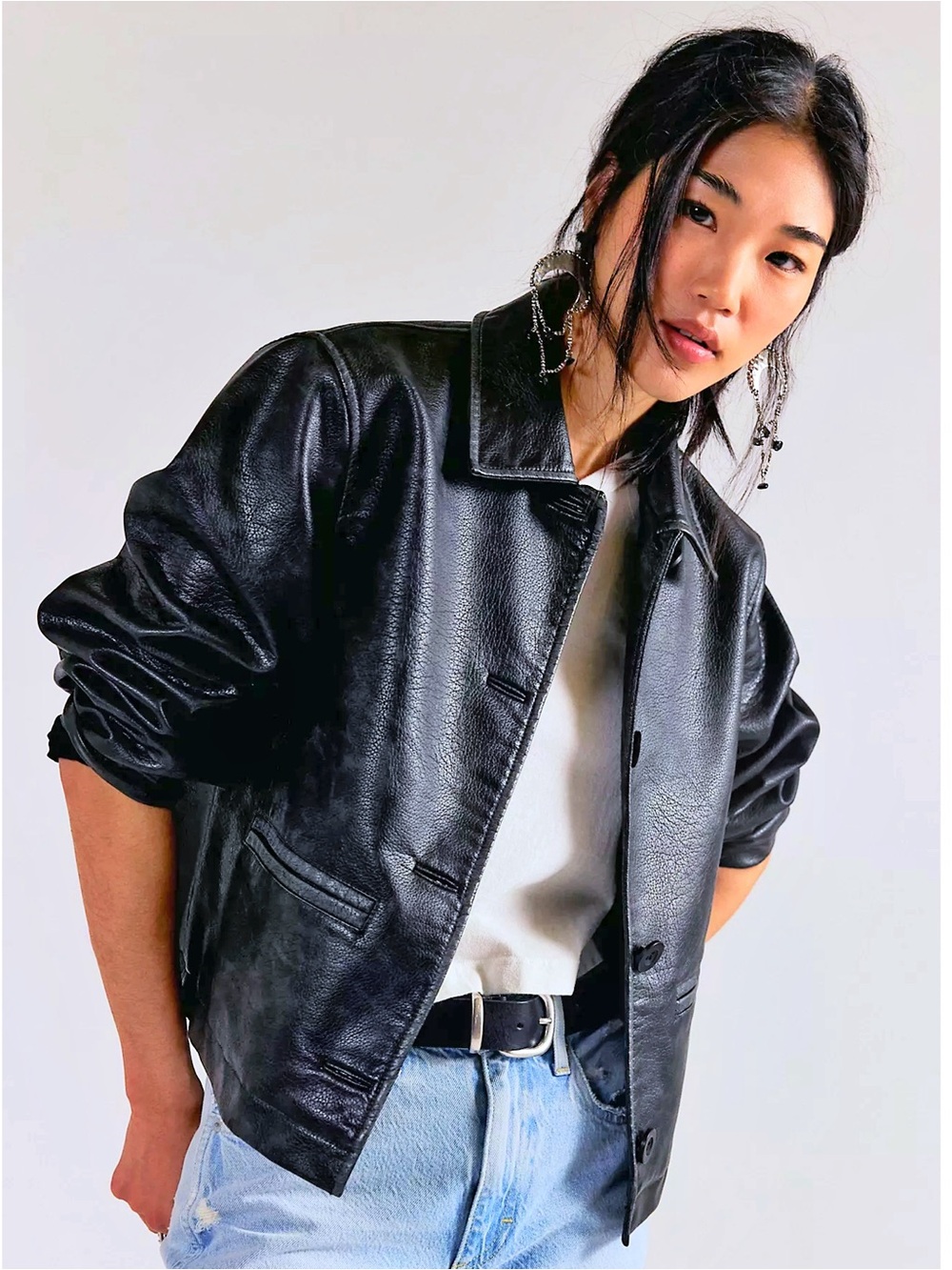 Free People We The Free Hera Black Vegan Leather Boxy Oversized Jacket